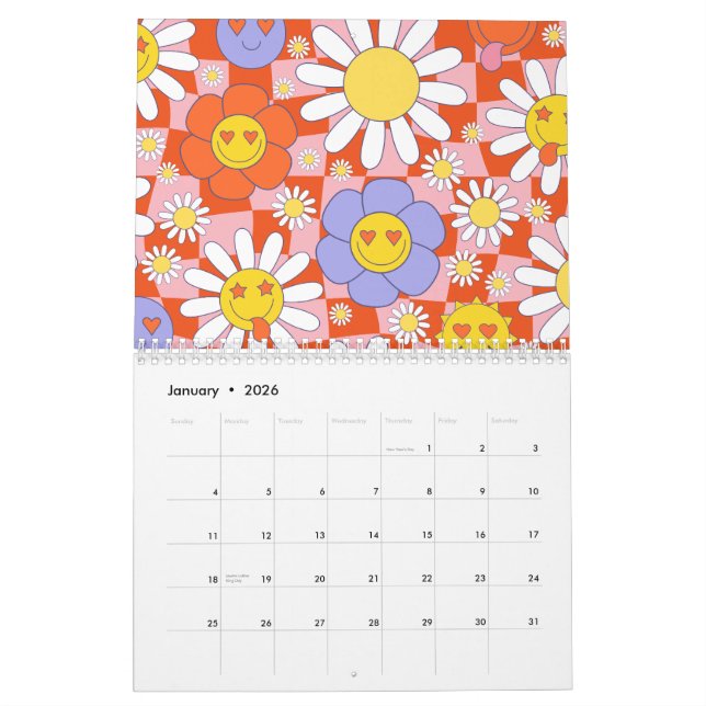 Groovy Daisy Floral Chequerboard, Y2K 90s Calendar (Jan 2026)