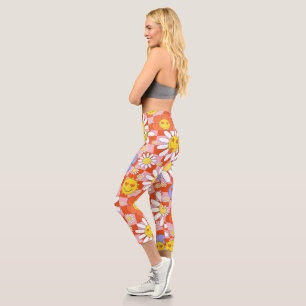 Groovy Daisy Floral Chequerboard, Y2K 90s  Capri Leggings