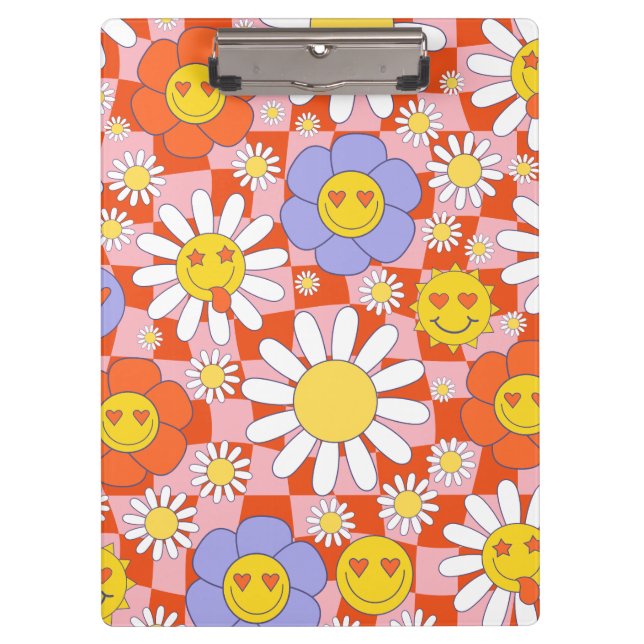 Groovy Daisy Floral Chequerboard, Y2K 90s   Clipboard (Front)