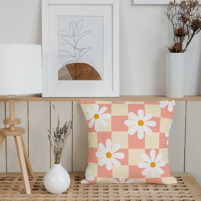 Groovy Daisy Floral Chequerboard, Y2K 90s Cushion (Creator Uploaded)