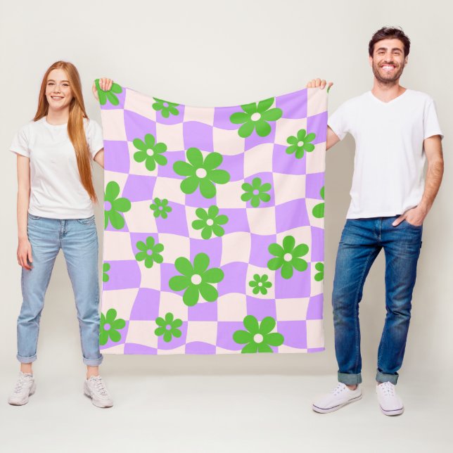 Groovy Daisy Floral Chequerboard, Y2K 90s   Fleece Blanket (In Situ)