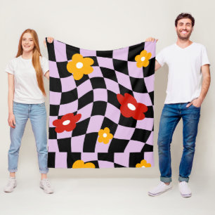 Groovy Daisy Floral Chequerboard, Y2K 90s Fleece Blanket