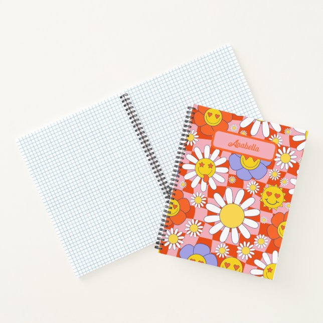 Groovy Daisy Floral Chequerboard, Y2K 90s Notebook (Inside)