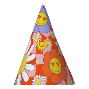 Groovy Daisy Floral Chequerboard, Y2K 90s Party Hat