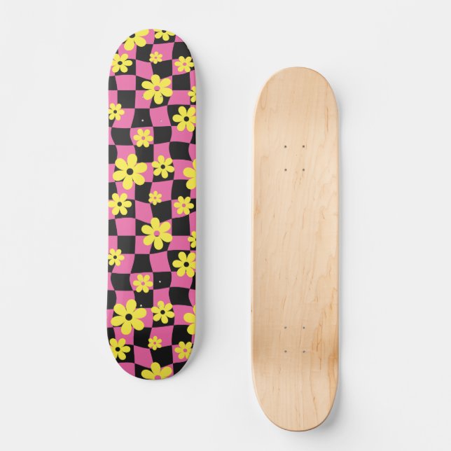 Groovy Daisy Floral Chequerboard, Y2K 90s   Skateboard (Front)