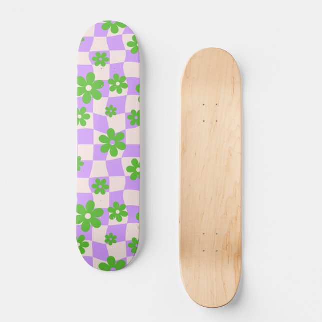 Groovy Daisy Floral Chequerboard, Y2K 90s Skateboard (Front)