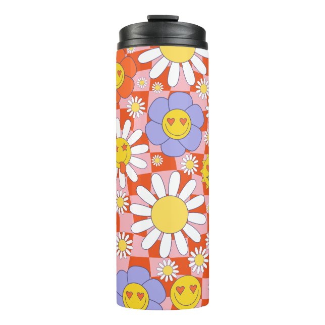 Groovy Daisy Floral Chequerboard, Y2K 90s  Thermal Tumbler (Front)