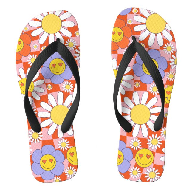 Groovy Daisy Floral Chequerboard, Y2K 90s Thongs (Footbed)
