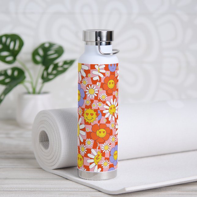Groovy Daisy Floral Chequerboard, Y2K 90s  Water Bottle (Yoga)