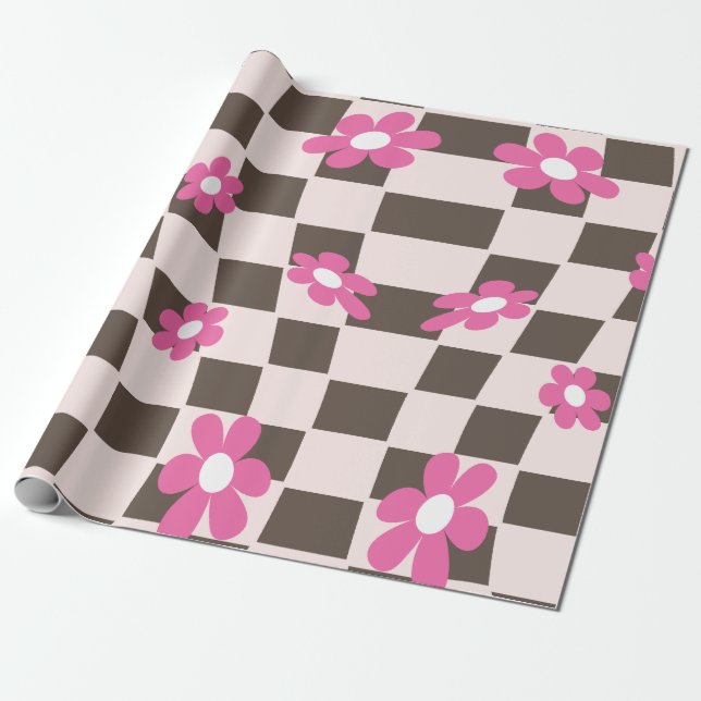 Groovy Daisy Floral Chequerboard, Y2K 90s Wrapping Paper (Unrolled)