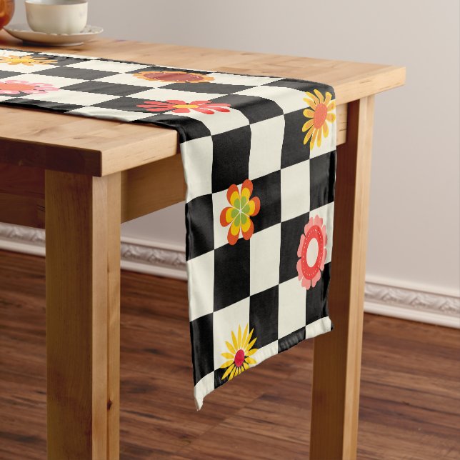 Groovy Daisy Floral Chequerboard, Y2K  Short Table Runner (In Situ)