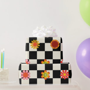 Groovy Daisy Floral Chequerboard, Y2K  Wrapping Paper