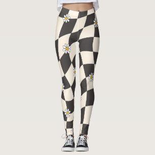 Groovy Daisy Floral Heart Chequerboard, Y2K 90s Leggings