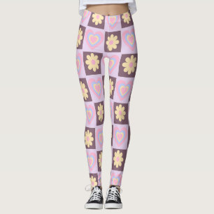 Groovy Daisy Floral Heart Chequerboard, Y2K 90s Leggings