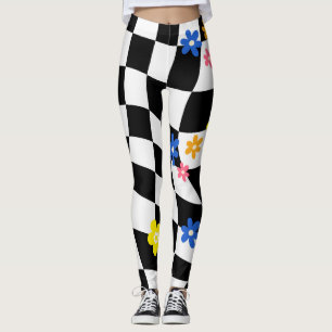 Groovy Daisy Floral Heart Chequerboard, Y2K 90s Leggings