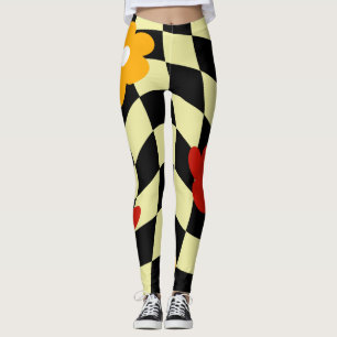 Groovy Daisy Floral Heart Chequerboard, Y2K 90s Leggings
