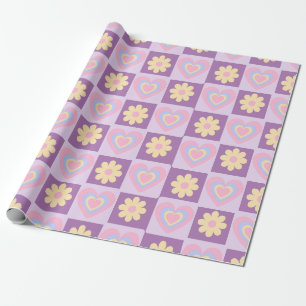 Groovy Daisy Floral Heart Chequerboard, Y2K 90s Wrapping Paper