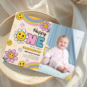 Groovy Daisy Flower First Birthday Retro Photo Invitation