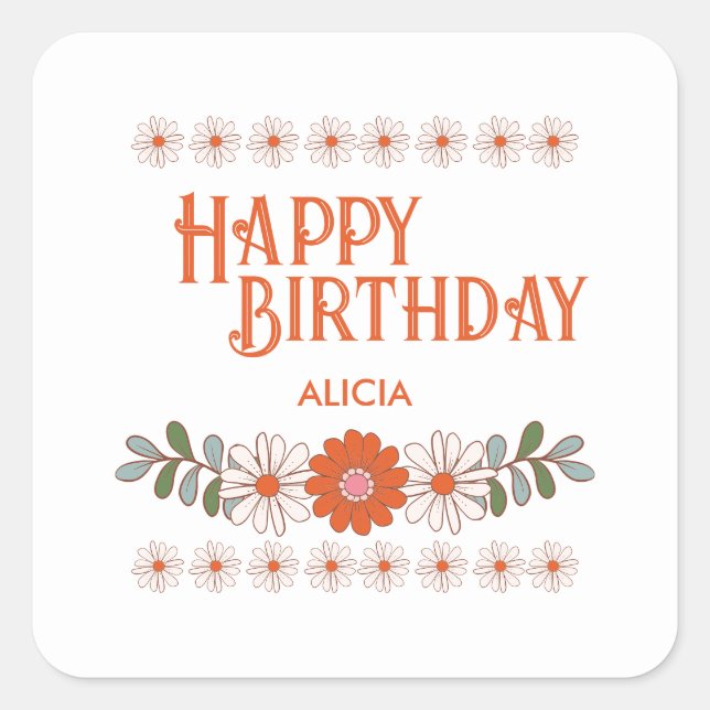 Groovy Daisy Hippie Flora Leaf Happy Birthday Square Sticker (Front)