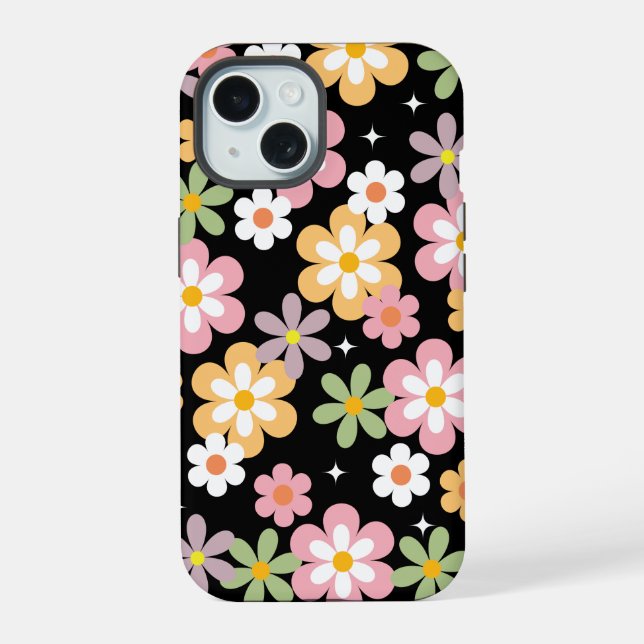Groovy Daisy Pattern Black iPhone 15 Case (Back)