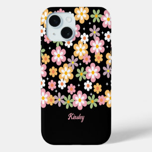 Groovy Daisy Pattern w/ Name Black iPhone 15 Case