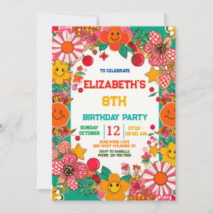 Groovy Daisy & Smiley Face Retro Birthday Invitation