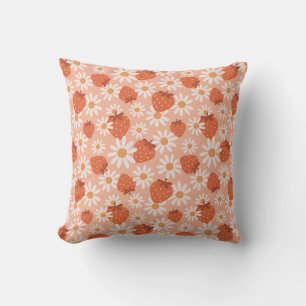 Groovy Daisy Strawberry Print Summer Spring Pink Cushion