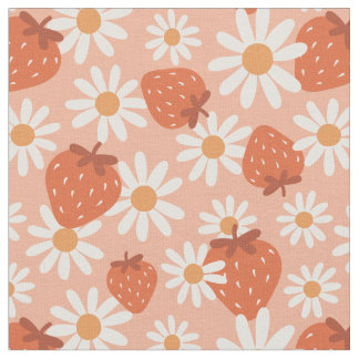 Groovy Daisy Strawberry Print Summer Spring Pink Fabric