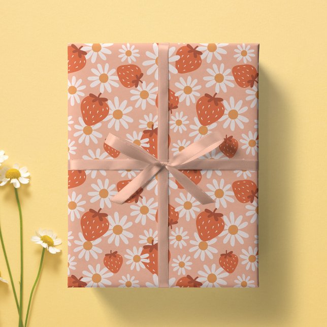 Groovy Daisy Strawberry Print Summer Spring Pink Wrapping Paper (Creator Uploaded)