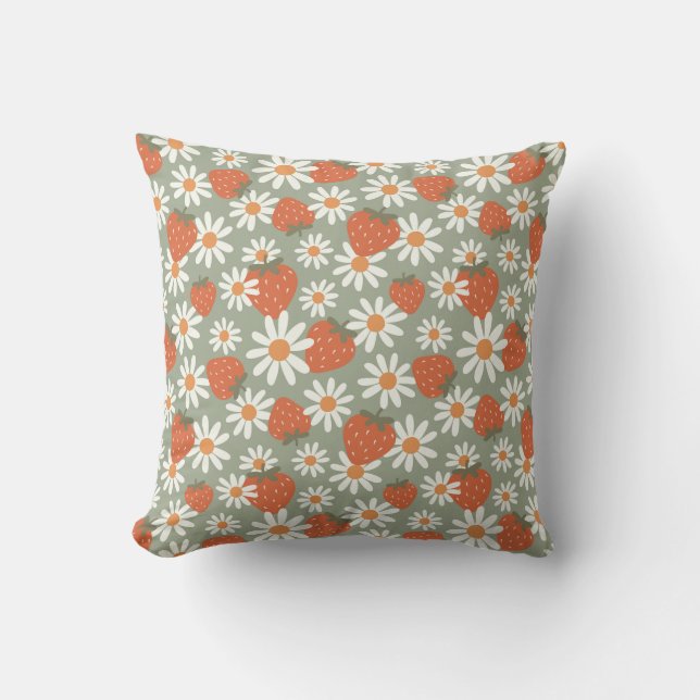 Groovy Daisy Strawberry Print Summer Spring Sage Cushion (Front)