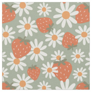 Groovy Daisy Strawberry Print Summer Spring Sage Fabric