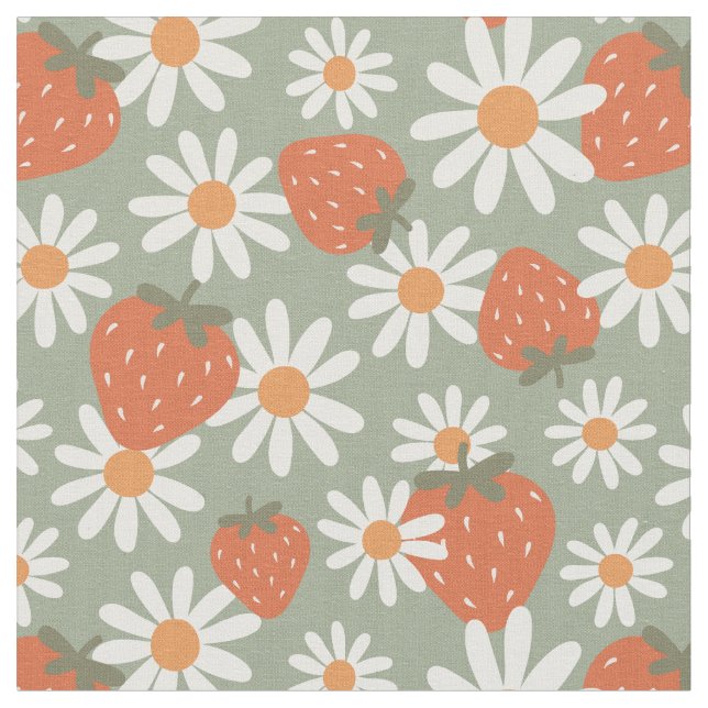 Groovy Daisy Strawberry Print Summer Spring Sage Fabric (Close Up)