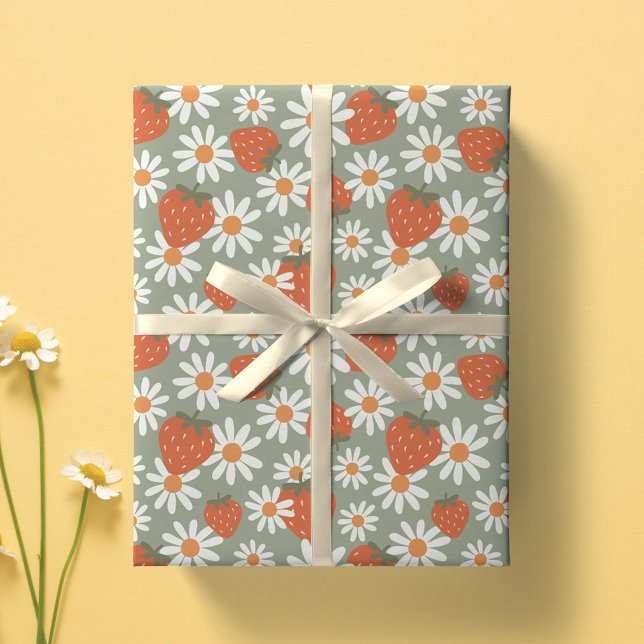 Groovy Daisy Strawberry Print Summer Spring Sage Wrapping Paper (Creator Uploaded)