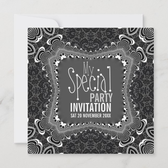 Groovy Damask Twist Black White Party Invitations (Front)