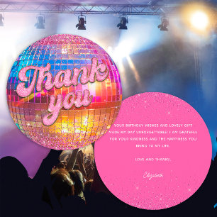 Groovy Disco Ball Birthday Party Gold Pink Glitter Thank You Card
