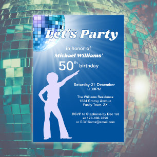 Groovy Disco Ball Blue Mans 50th Birthday Invitation