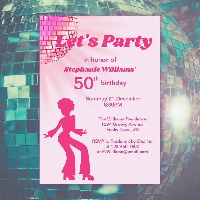 Groovy Disco ball Pink Purple Womans 50th Birthday Invitation (Creator Uploaded)