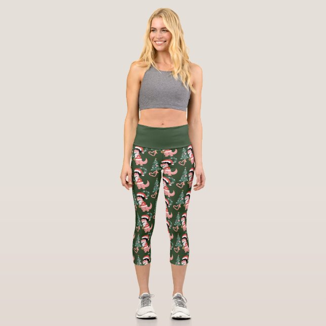  groovy disco christmas tree dinosaur capri leggings (Front)