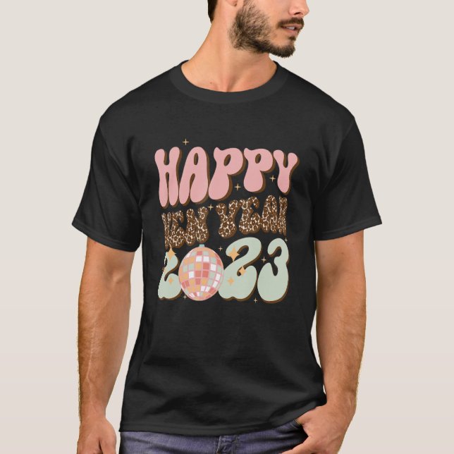 Groovy Disco Happy New Year 2023 Retro Leopard T-Shirt (Front)