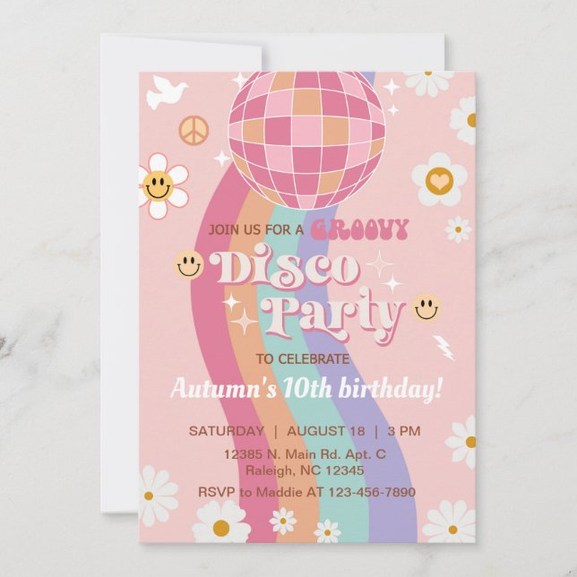 Groovy disco party girl birthday invite retro 70's (Front)