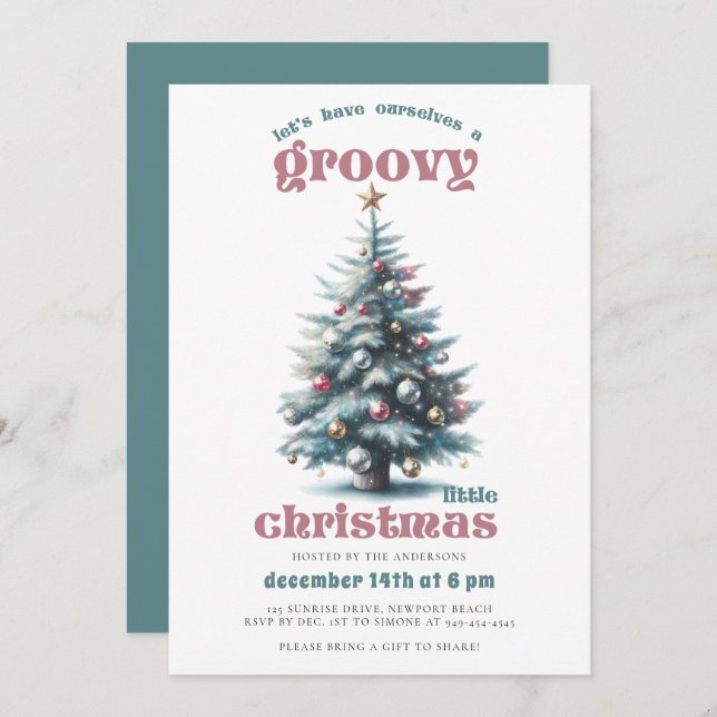 Groovy Disco Tree Retro Teal Pink Christmas Party Invitation (Front/Back)