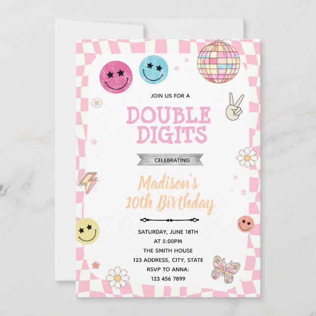 Groovy Double Digits birthday party invitation (Front)