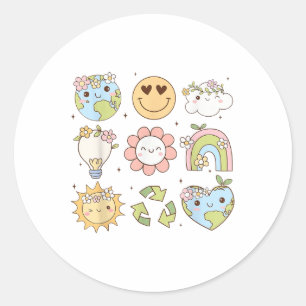 Groovy Earth Day Shirts Men Women Kids Smile Face Classic Round Sticker