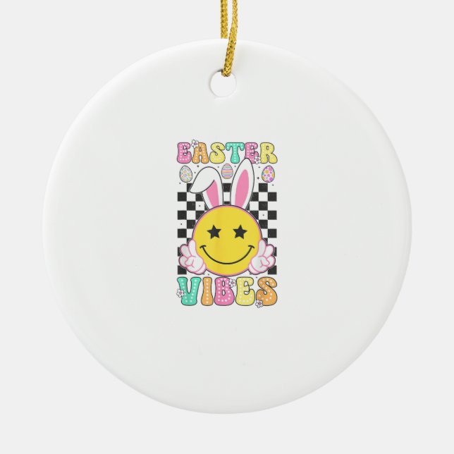 Groovy Easter Vibes Bunny Easter Day Smile Face Gi Ceramic Ornament (Front)