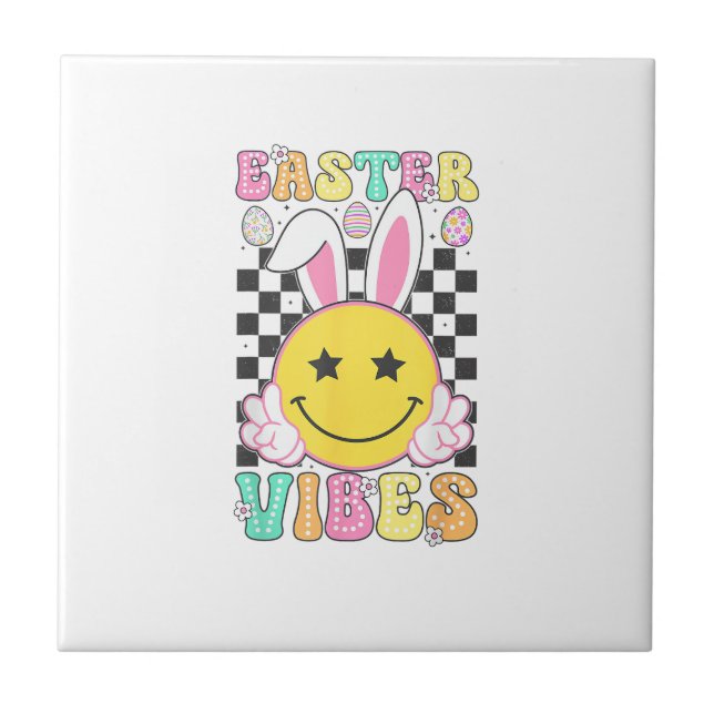 Groovy Easter Vibes Bunny Easter Day Smile Face Gi Ceramic Tile (Front)