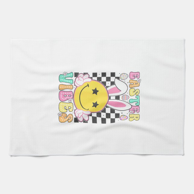 Groovy Easter Vibes Bunny Easter Day Smile Face Gi Tea Towel (Horizontal)