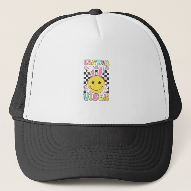 Groovy Easter Vibes Bunny Easter Day Smile Face Gi Trucker Hat (Front)