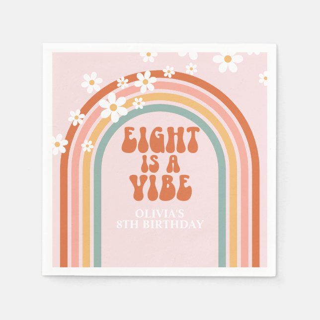 Groovy Eight is a vibe daisy rainbow 8th birthday Napkin (Front)