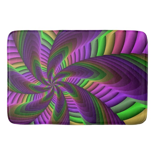 Groovy Energetic Colourful Neon Fractal Pattern Bath Mat (Front)