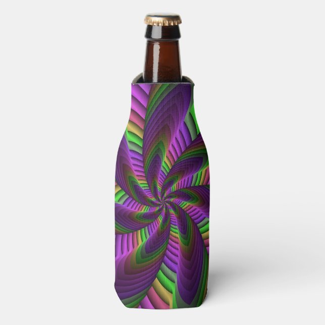 Groovy Energetic Colourful Neon Fractal Pattern Bottle Cooler (Bottle Front)